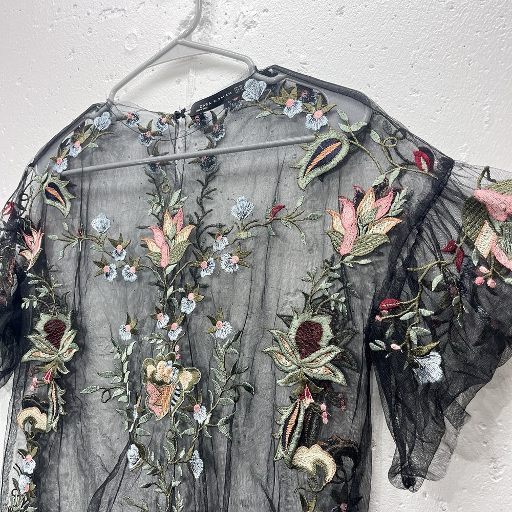 Zara Womens XS Sheer Mesh Floral Embroidered Top Short Sleeve - Picture 3 of 8